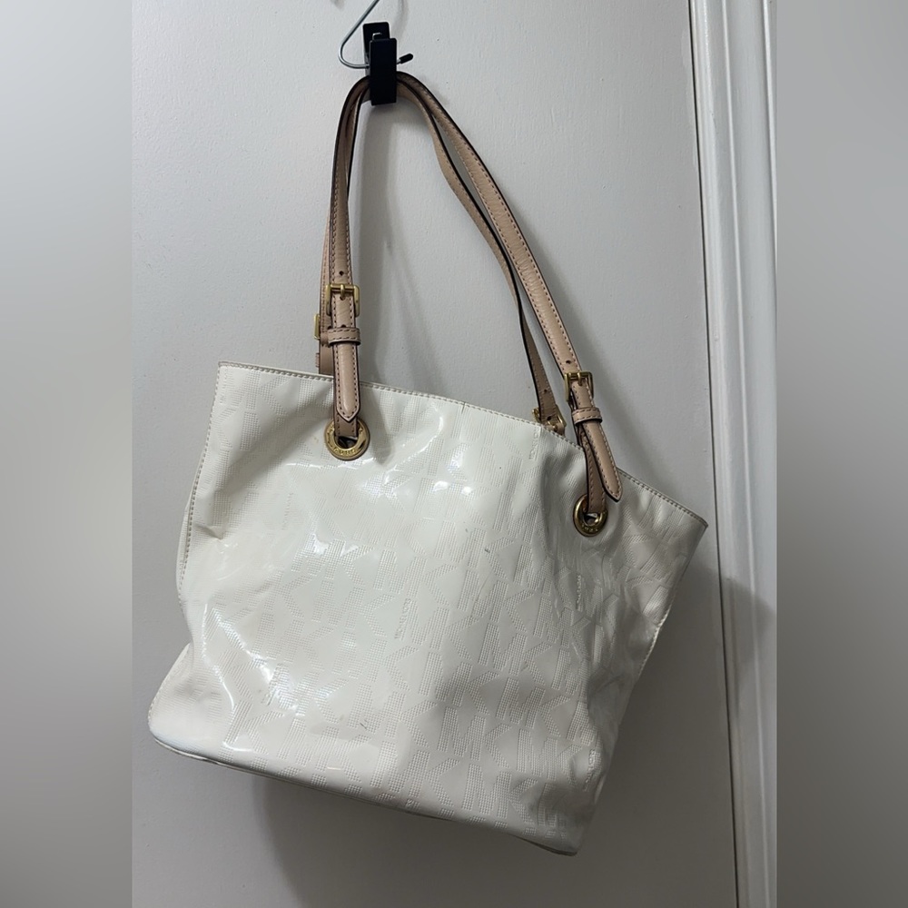 Michael Kors Jet Set Logo White Patent Leather Large Handbag MK LOGO Tote PURSE